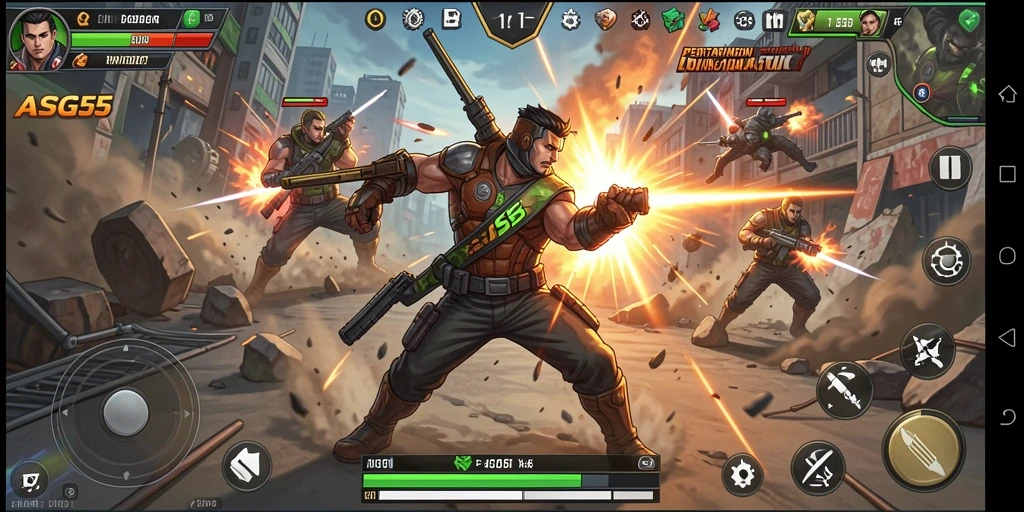 Gameplay action yang intens dan mendebarkan dalam ASG55.
