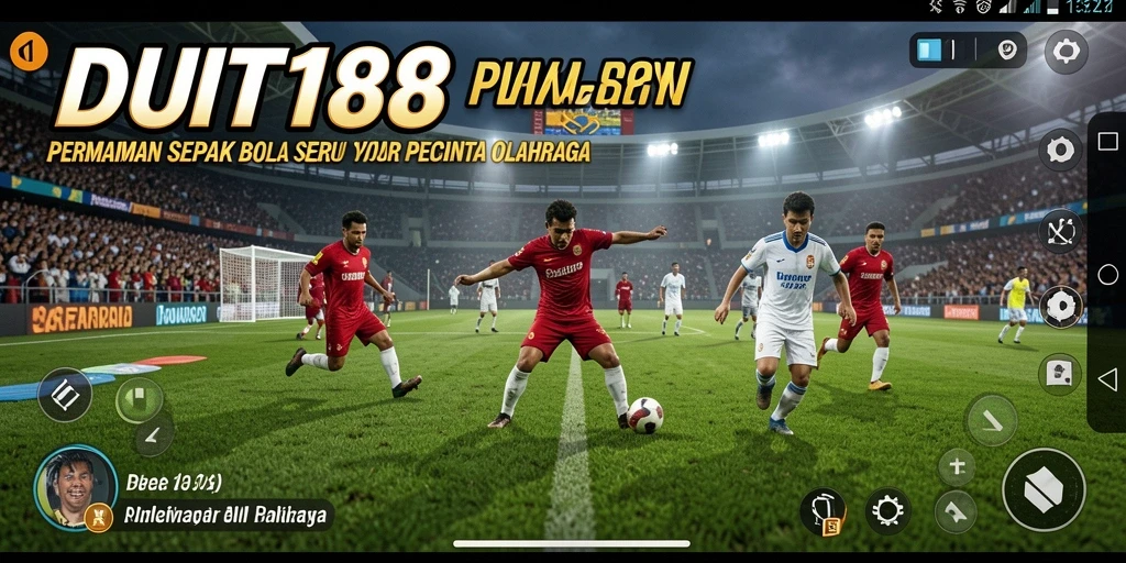 Screenshot menampilkan aksi seru dalam game sepak bola.