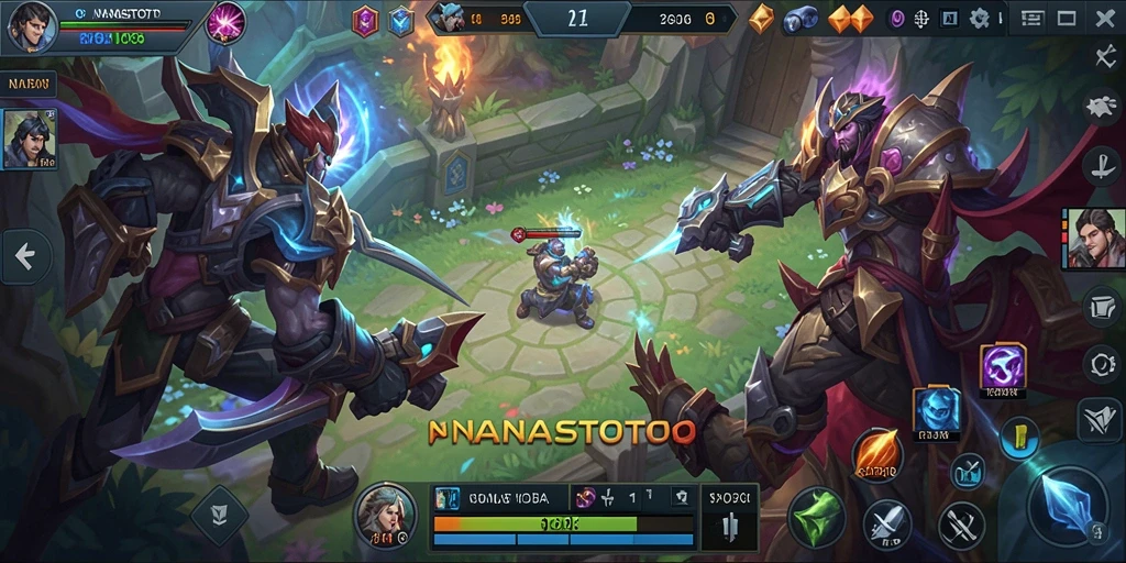 Screenshot permainan <strong>NANASTOTO</strong> menampilkan aksi seru dalam pertarungan MOBA.