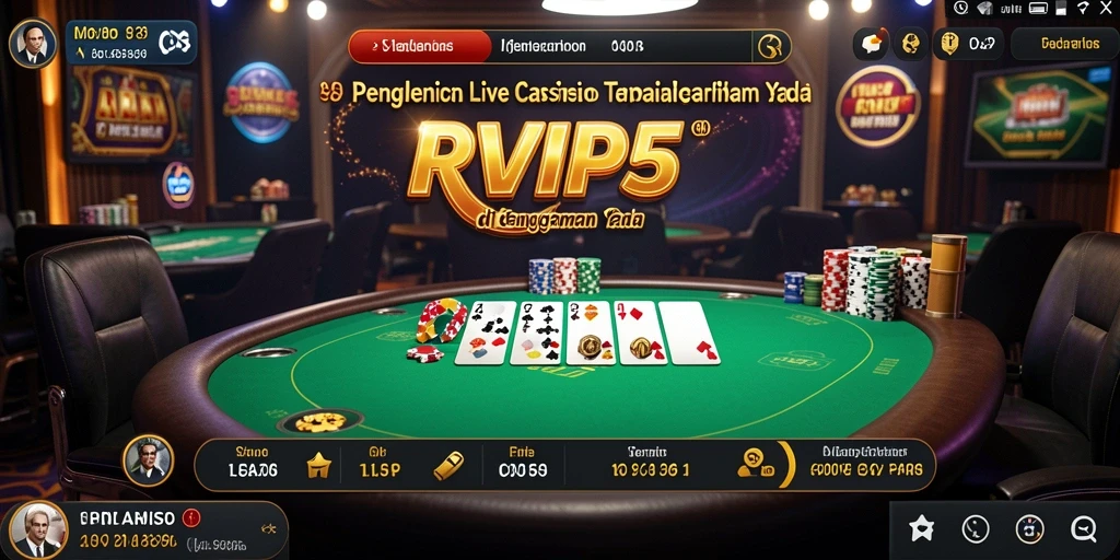 Screenshot gameplay RVIP5 dengan dealer langsung dan suasana kasino.