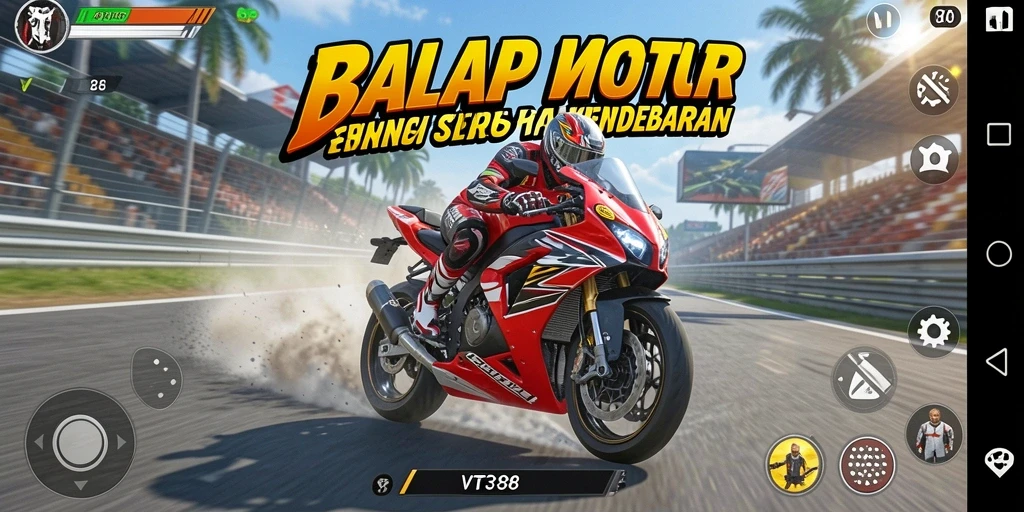 Screenshot utama VT38 menampilkan aksi balapan motor yang mendebarkan.